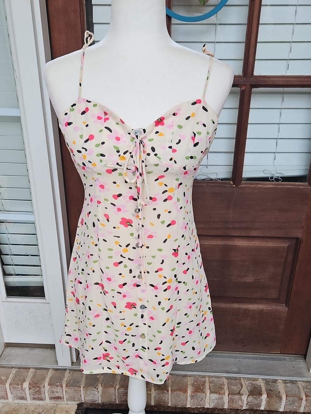 Princess Polly Cream Mini Dress with Pink & Red Floral Dot Button Down Print - Picture 3 of 6